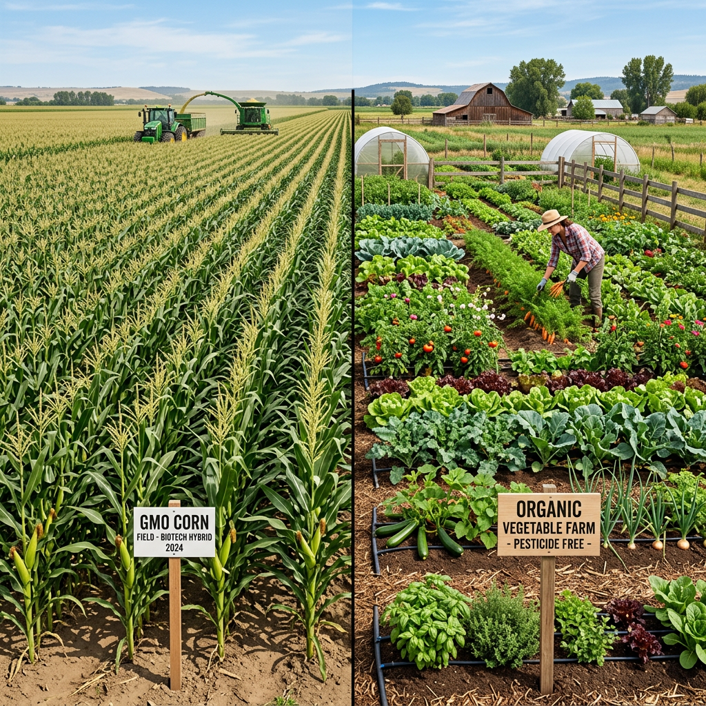 GMO cornfield with machinery and organic vegetable farm with person harvesting