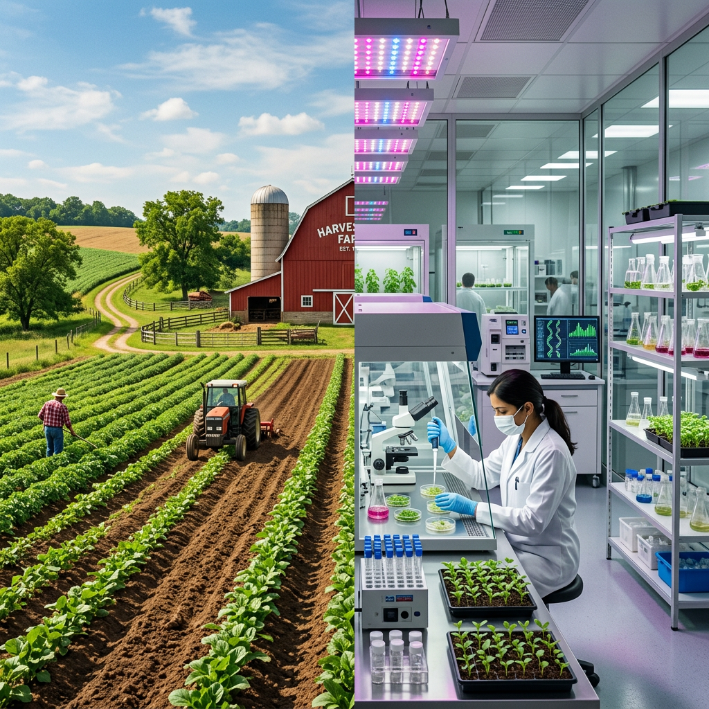 Farm field with tractor and farmer; scientist working in a plant research lab