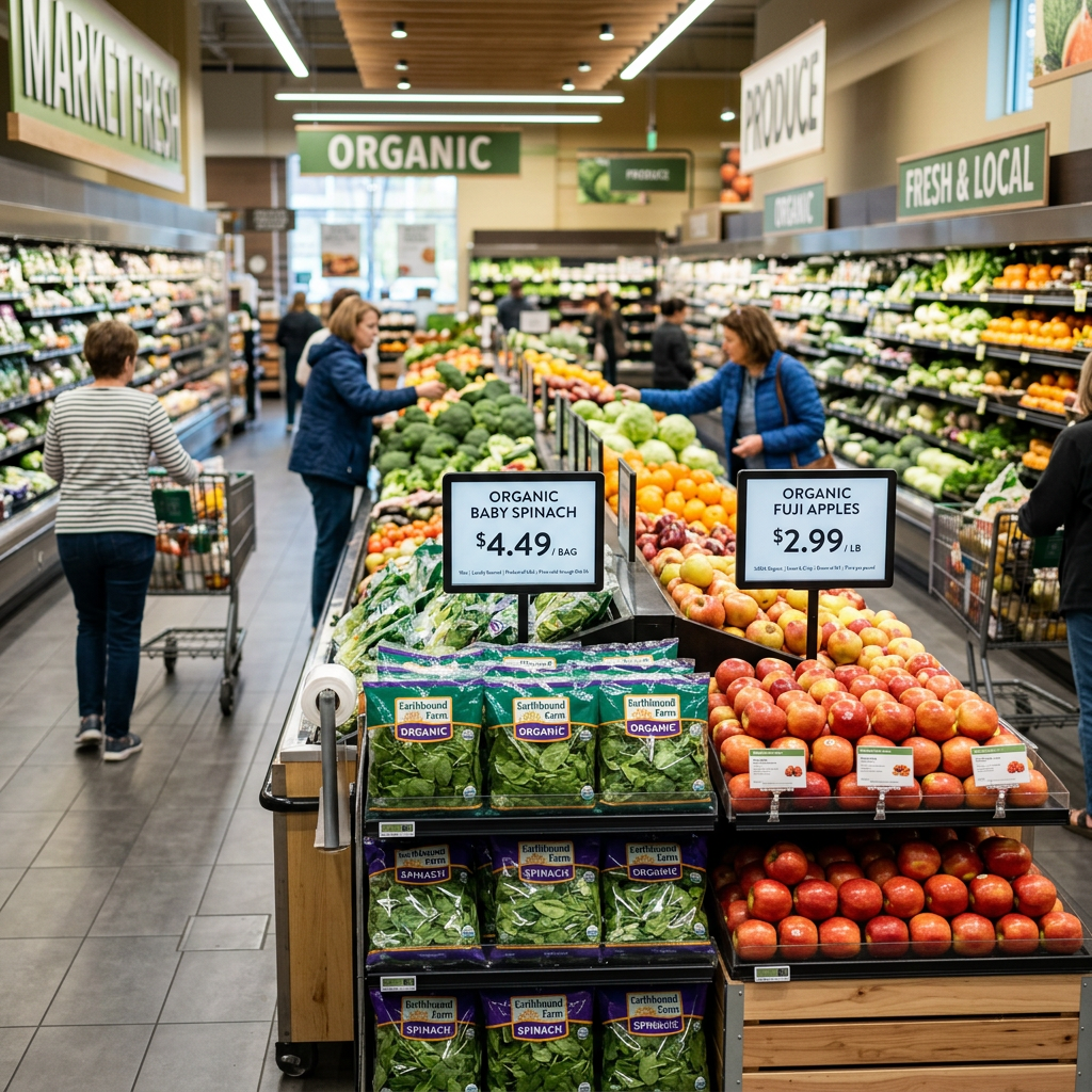 Organic baby spinach bags priced at $4.49 per bag and Fuji apples priced at $2.99 per pound in a grocery store produce aisle with shoppers