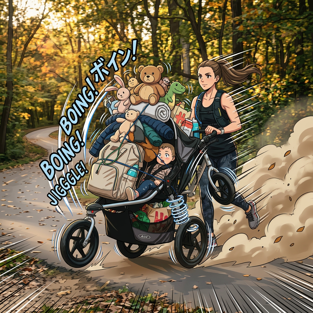 Woman jogging on forest path pushing stroller with child and packed gear