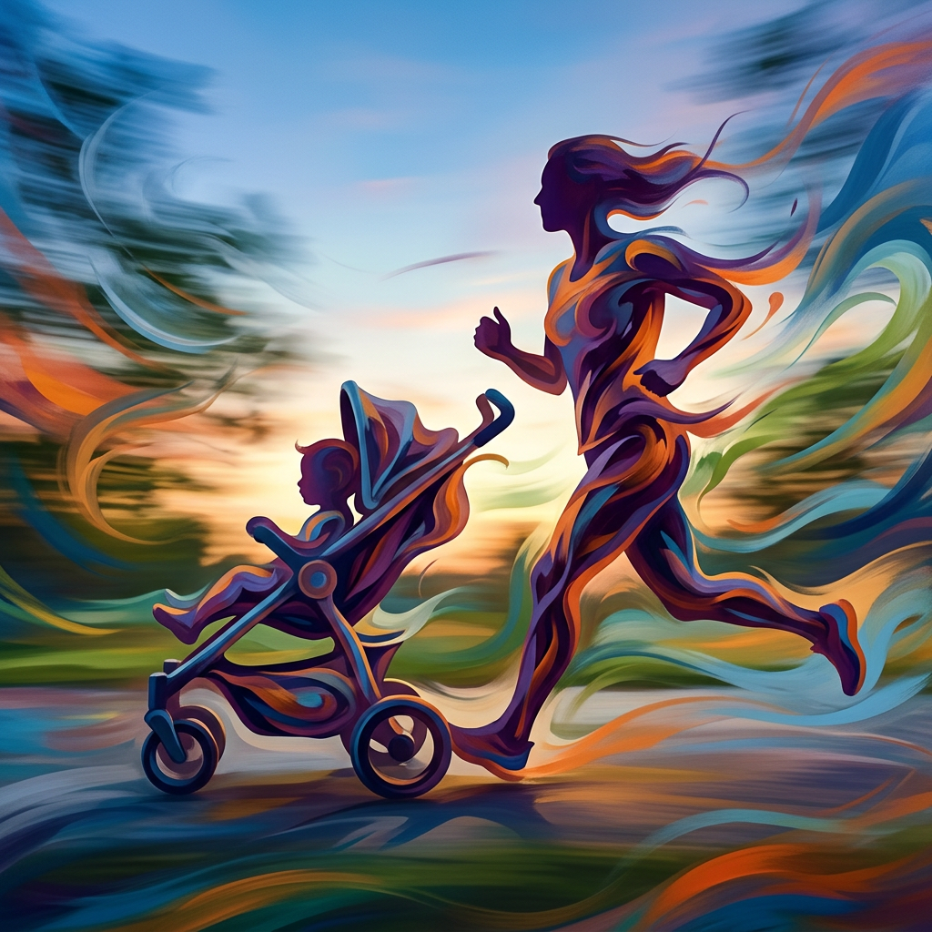 Stylized silhouette of a person jogging while pushing a stroller with a child