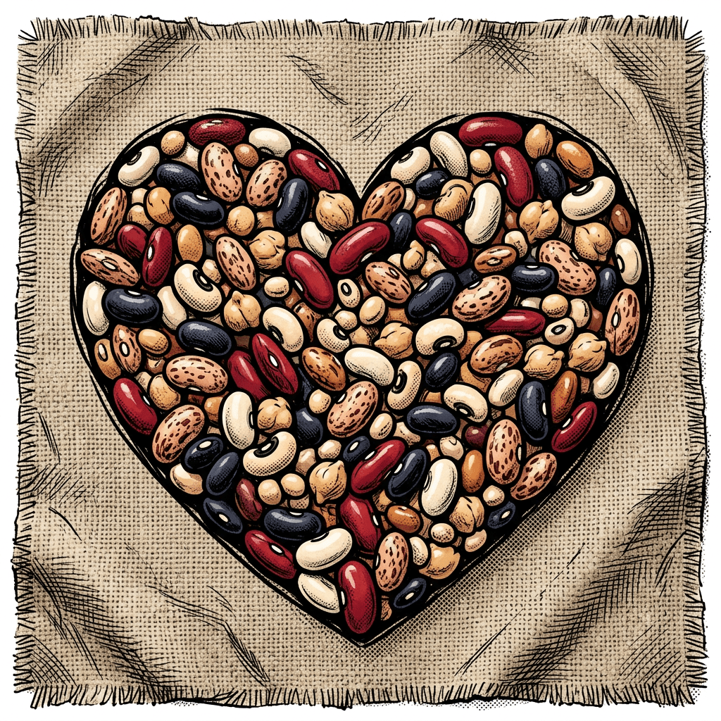 Heart shape filled with various red, black, white, and brown beans on textured burlap