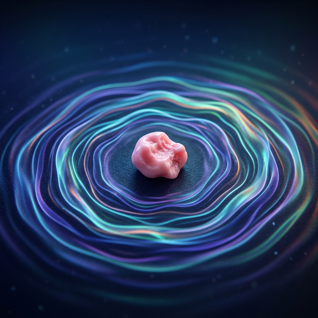Small irregular pink object surrounded by glowing multicolored concentric waves on dark background
