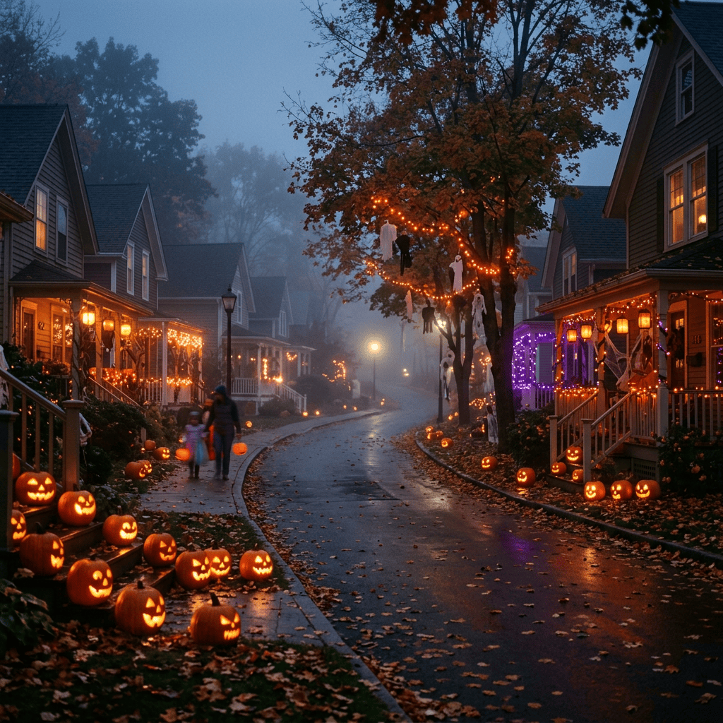 Halloween street with carved pumpkins, string lights, and hanging ghost decorations
