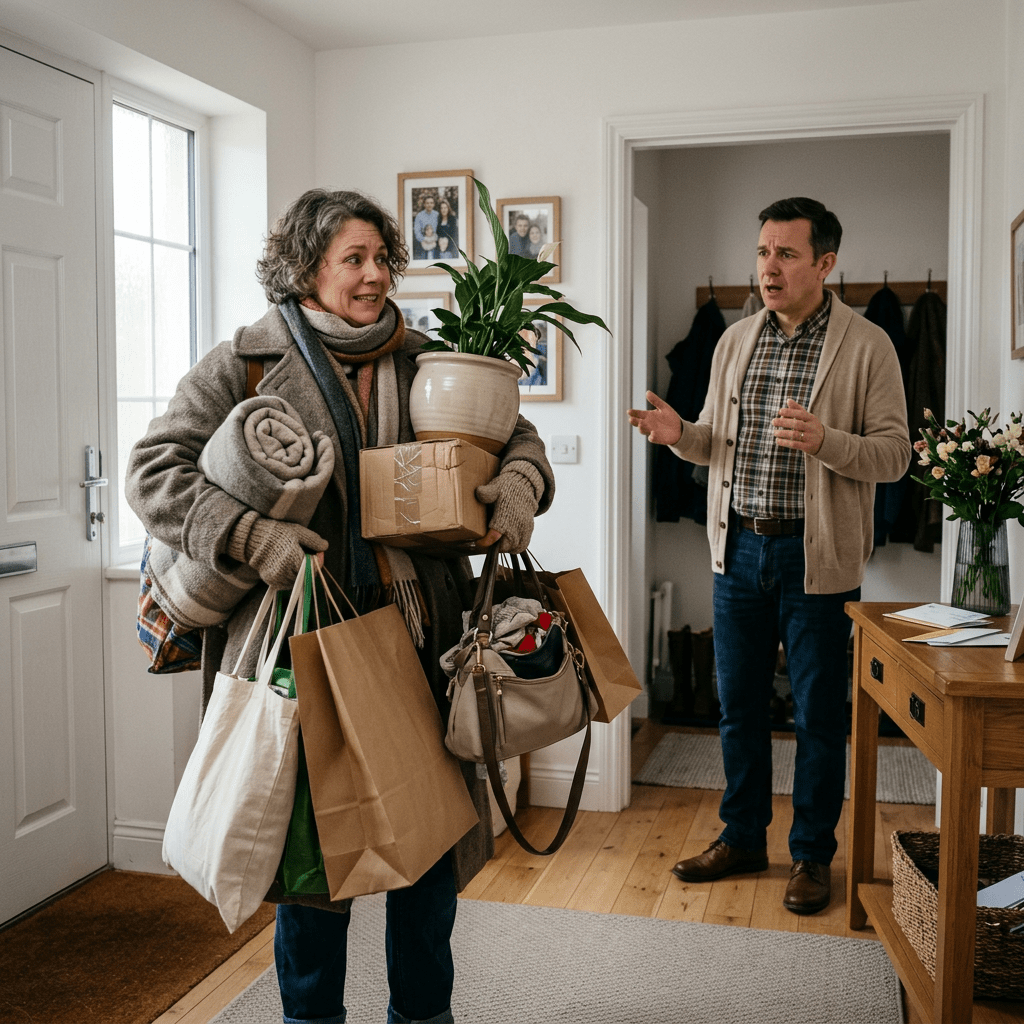 A woman carrying bags, a plant, a blanket, and a box talks with a man at home entrance