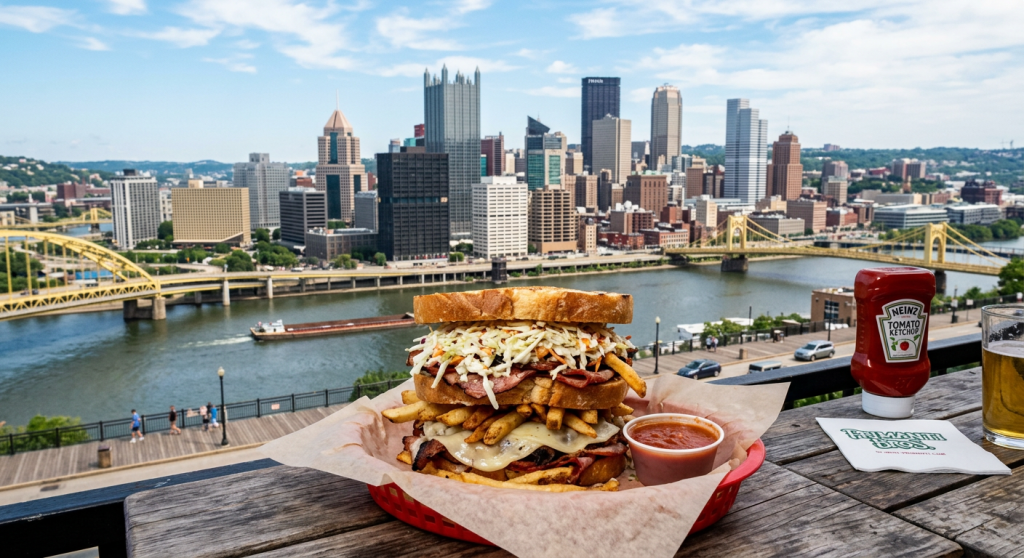 Large sandwich with fries and coleslaw on a table overlooking Pittsburgh skyline and river
