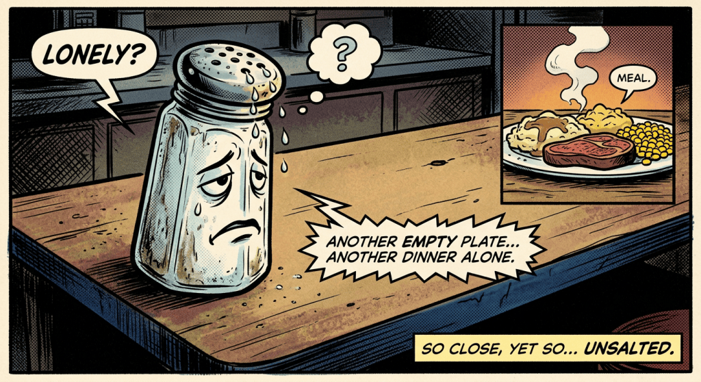 Sad salt shaker on table thinking about lonely dinner