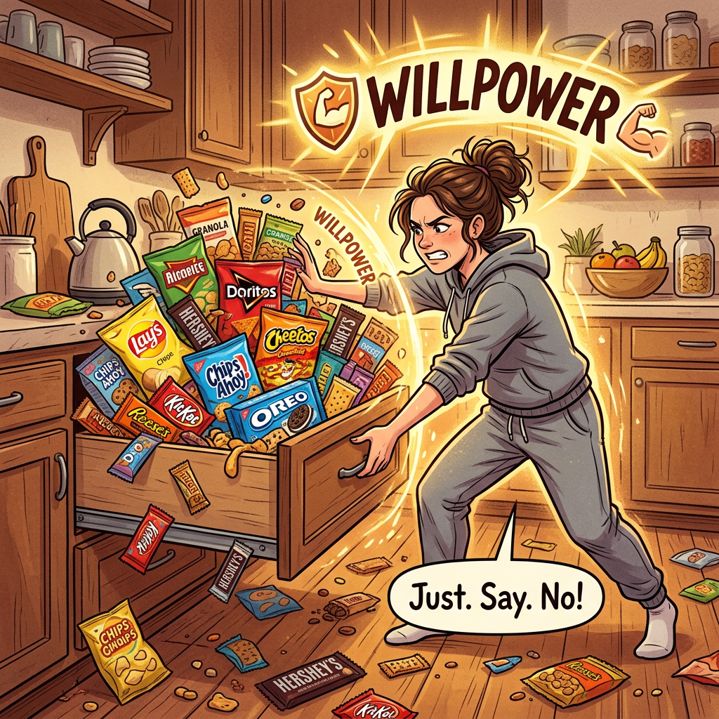 Woman blocking a drawer full of snacks with glowing willpower shield