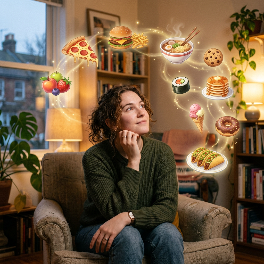 Woman sitting in armchair imagining pizza, burger, fries, ramen, cookie, sushi, pancakes, ice cream, donut, and tacos