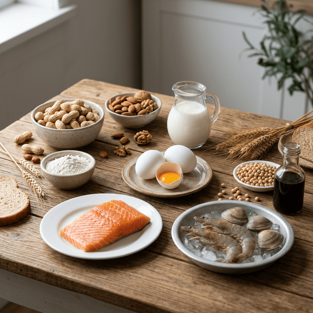 Salmon, shrimp, eggs, milk, nuts, grains, beans, and bread on a table