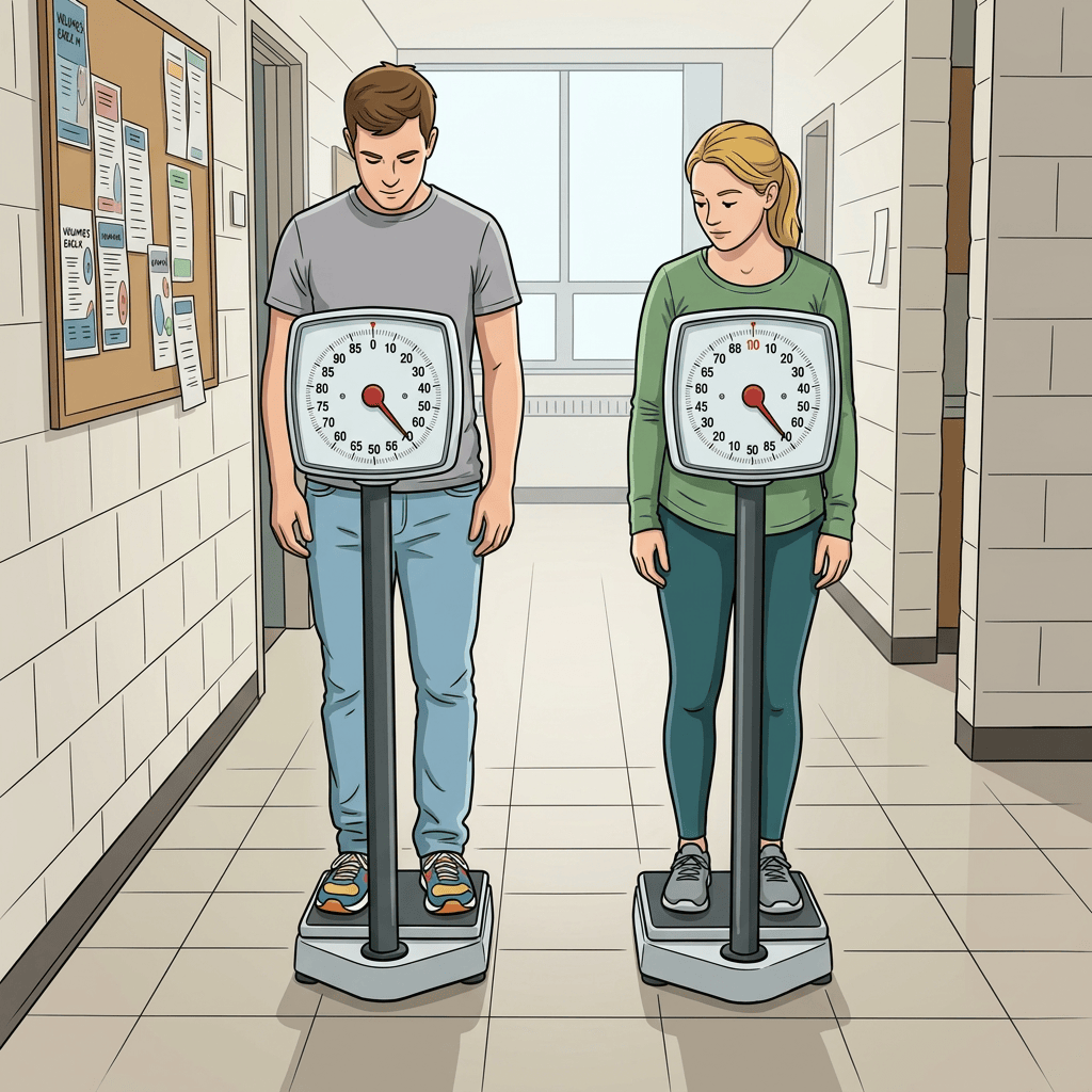 Cartoon-style man and woman comparing weight