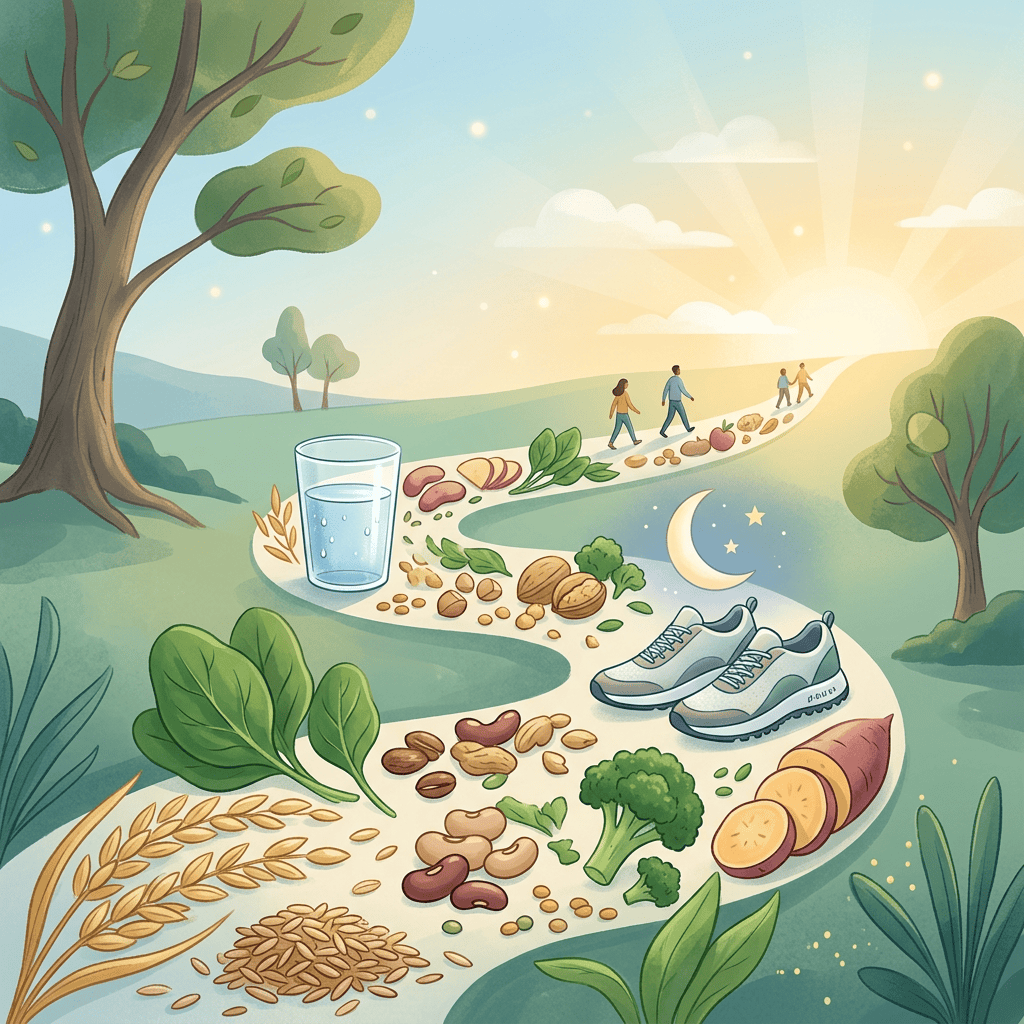 Wellness path with nourishing foods, water, movement, and sleep